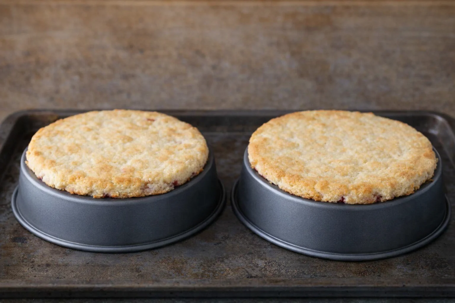 step-process-placeholder-5-6.png Two flattened dough rounds pressed into inverted pan, next to a golden-baked shortcake.