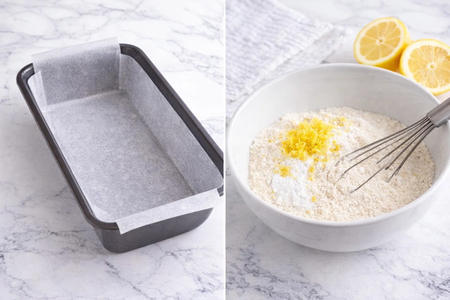step-process-placeholder-1-2.png Greased loaf pan beside a bowl of whisked flour, baking powder, lemon zest, and salt.