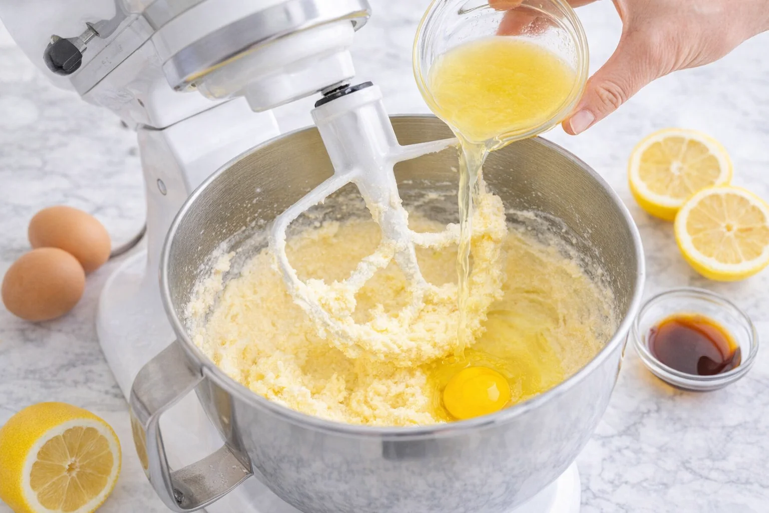 step-process-placeholder-3-4.png Mixer bowl with pale, fluffy creamed butter and sugar; hand adds an egg and lemon juice.
