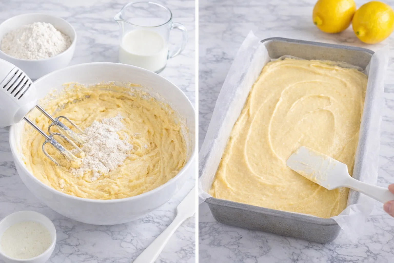 step-process-placeholder-5-6.png Thick lemon batter being poured into greased loaf pan and smoothed with a spatula.