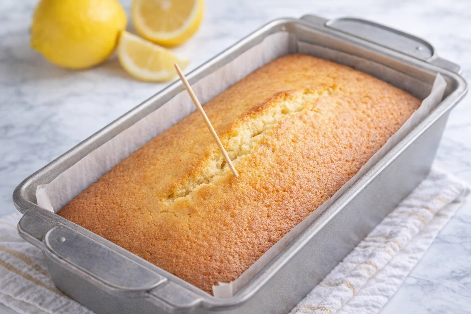 step-process-placeholder-7-8.png Golden loaf cake resting in pan on a cooling rack after baking, toothpick nearby.
