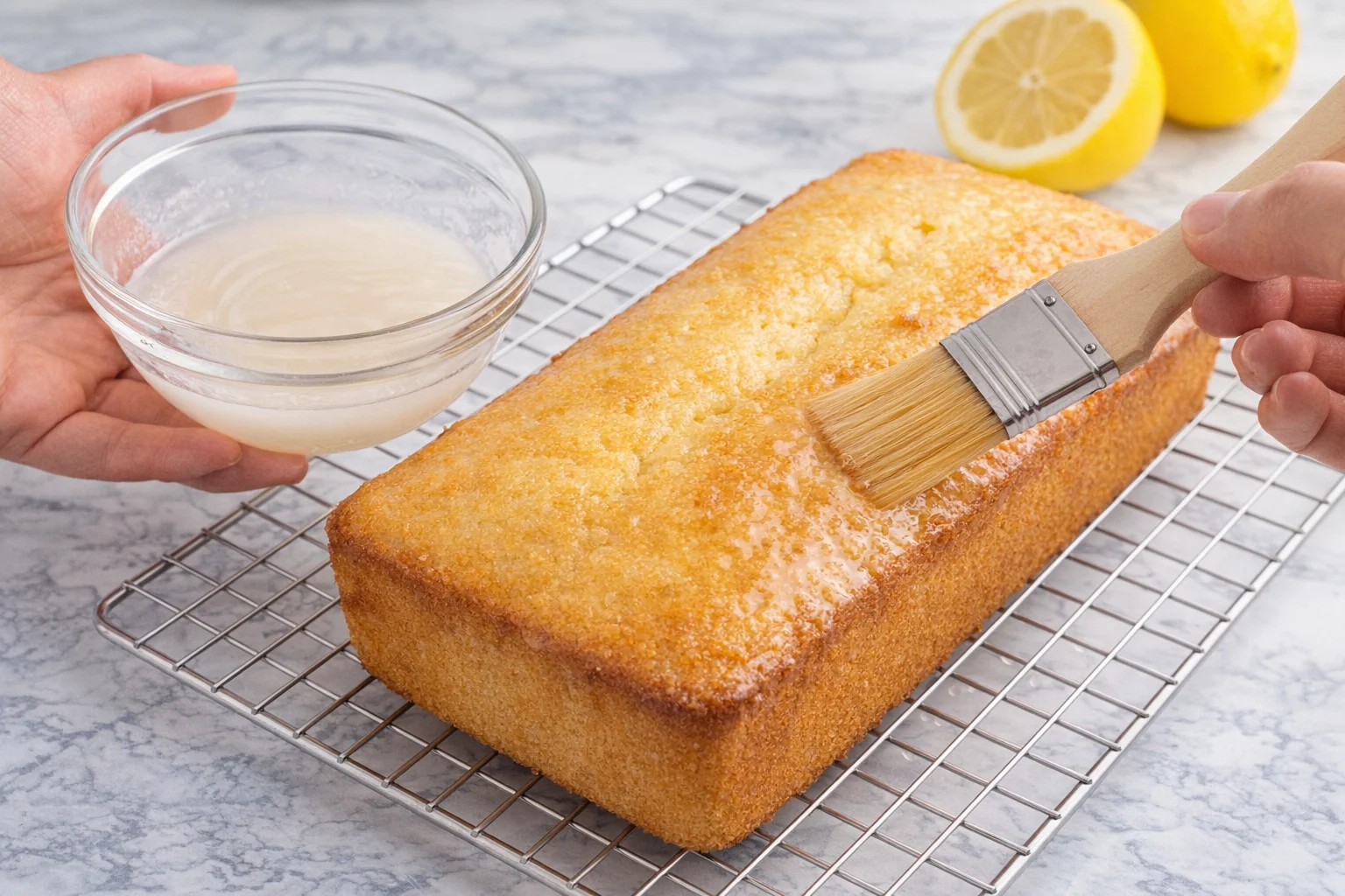 step-process-placeholder-9-10.png Small bowl of smooth lemon syrup with a pastry brush glazing a warm loaf.
