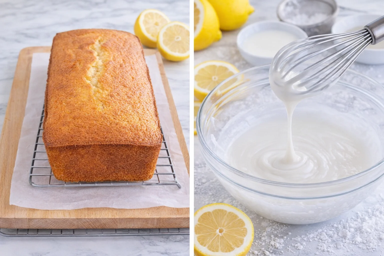 step-process-placeholder-11-12.png White powdered-sugar glaze whisked in a bowl beside a completely cooled loaf.