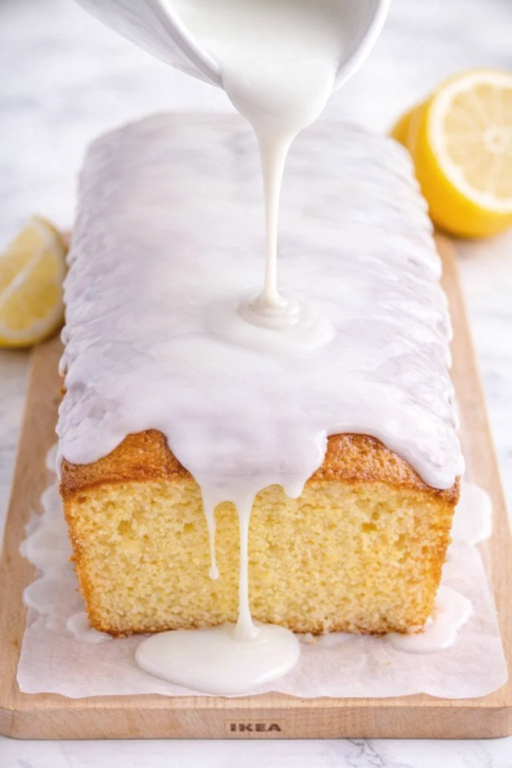 step-process-placeholder-13-13.png Thick lemon glaze being drizzled over a cooled loaf, glossy drips down the sides.