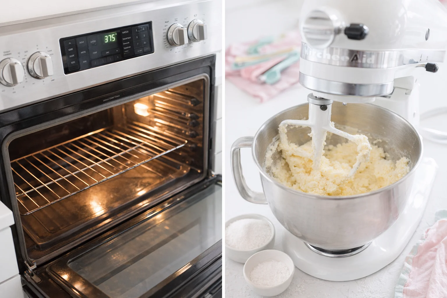 Stand mixer bowl with pale, fluffy creamed butter, sugar, and sea salt.