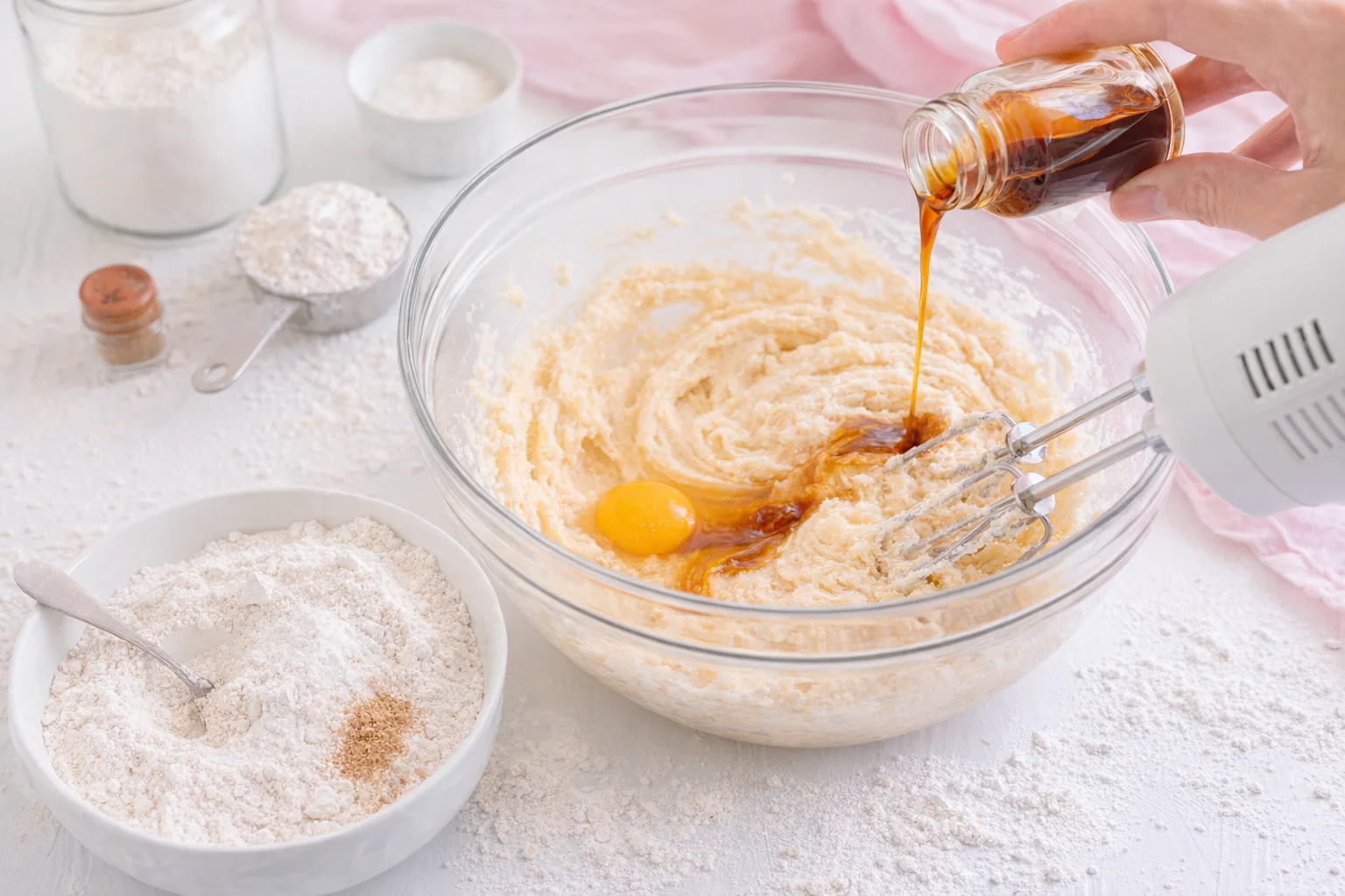 Mixer paddle combining smooth egg and vanilla mixture, then dry ingredients forming cohesive dough.