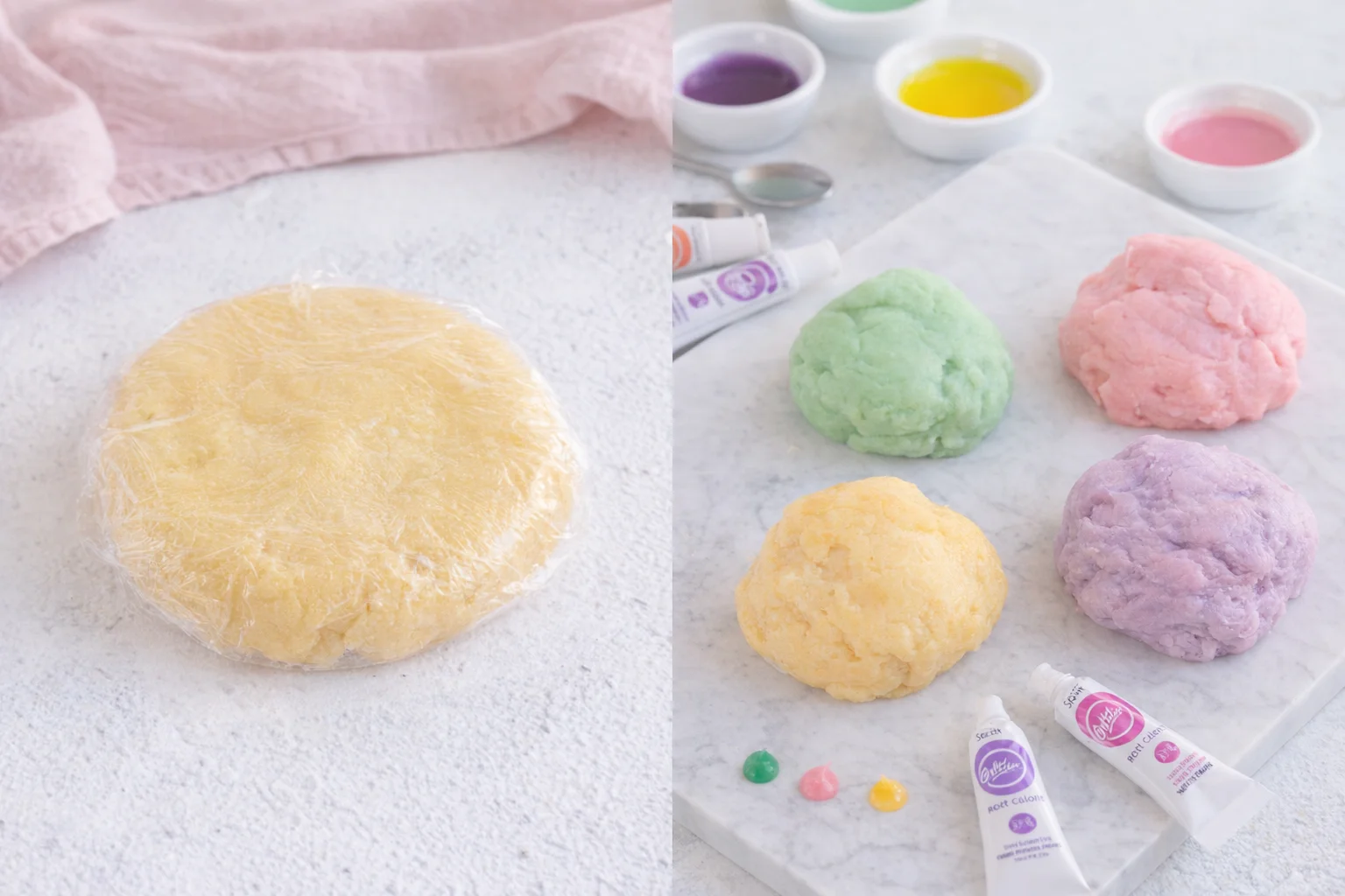 Several dough portions in bowls being tinted with gel food coloring, ready to chill.