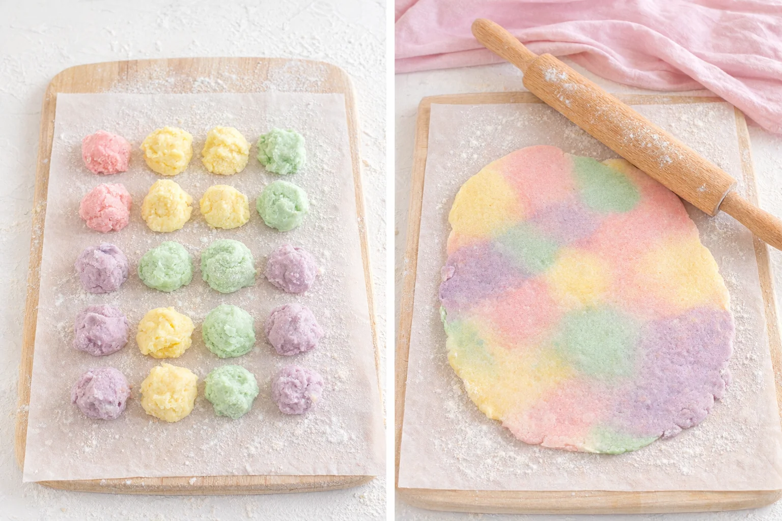 Side-by-side colored dough dollops pressed and rolled into a marbled sheet about 1/4–1/2 inch thick.