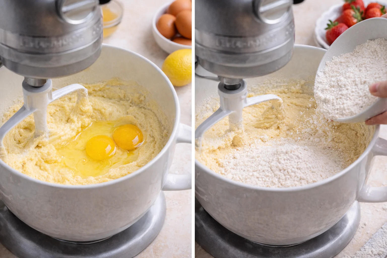 Stand mixer bowl with eggs being added two at a time and dry ingredients waiting