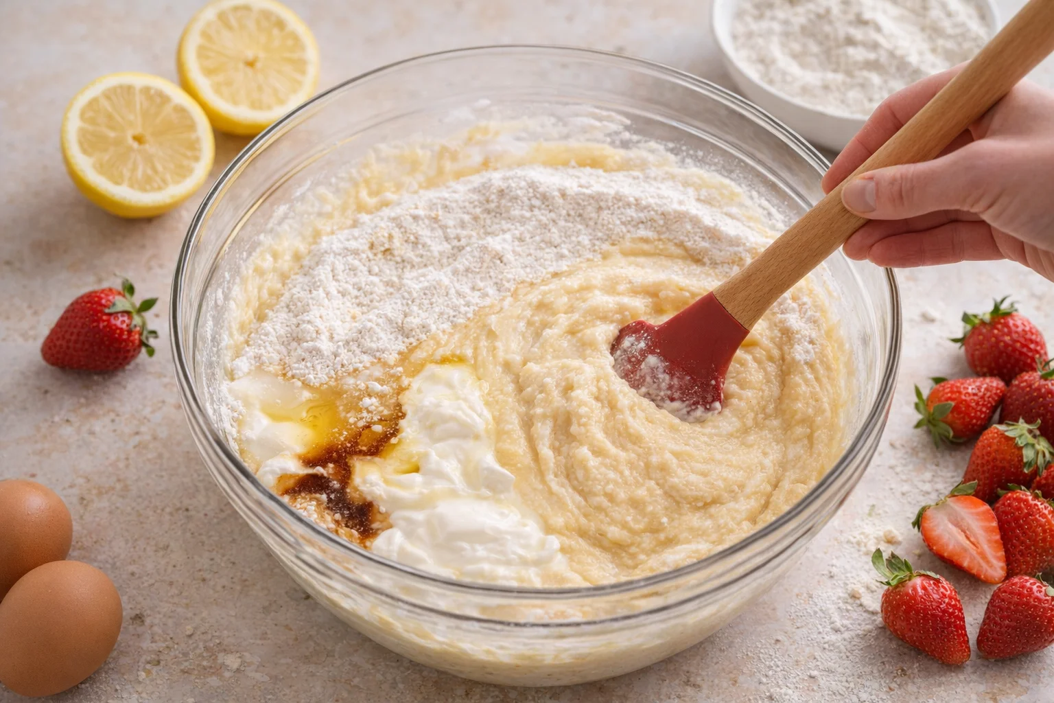 Wet mixture being poured into batter, then folded with a rubber spatula scraping bowl