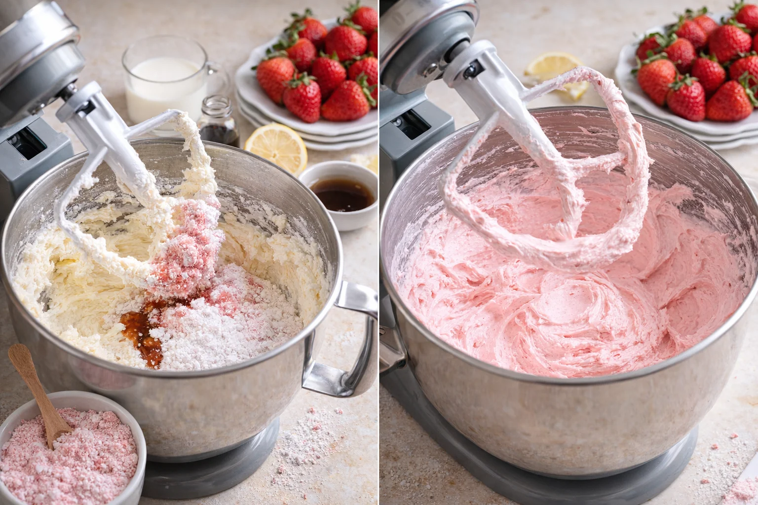 Powdered strawberry sugar added to butter in two additions while mixer whips smooth