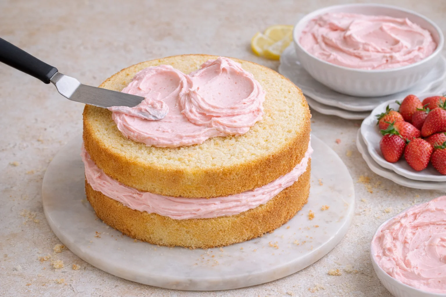 First cake layer on board with two buttercream dollops being spread using offset spatula