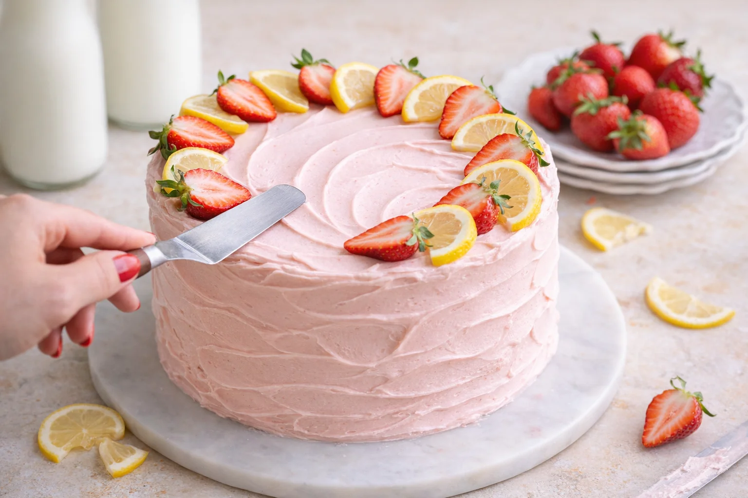 Remaining buttercream smoothed into decorative waves, then topped with strawberries and lemon slices