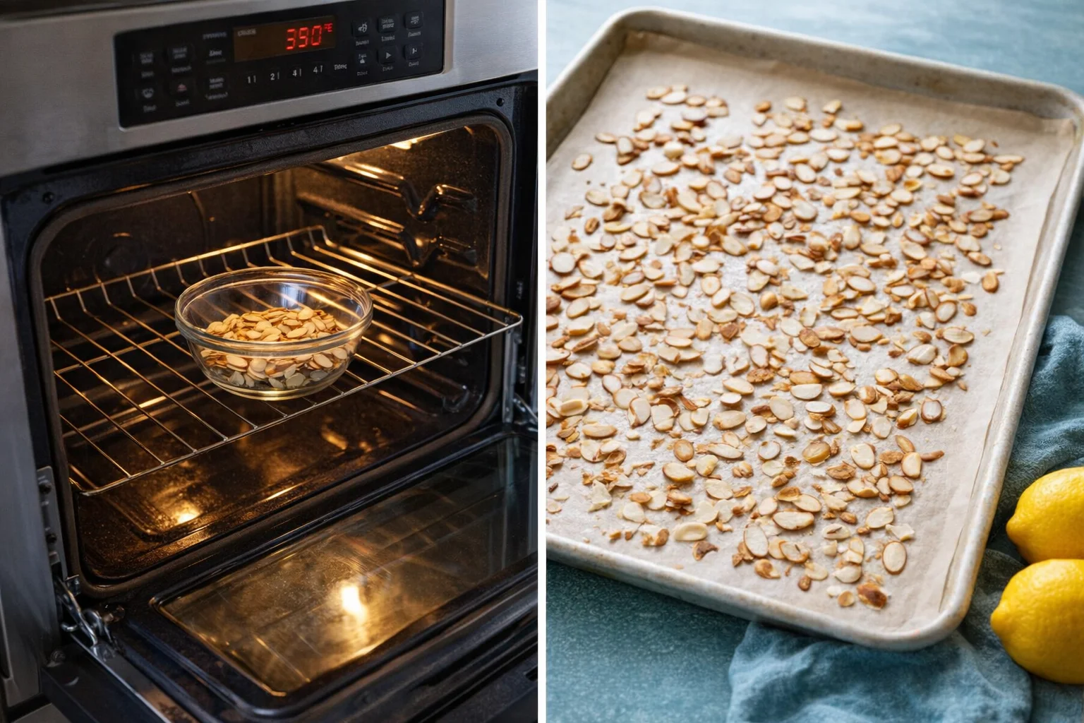 Oven dial set to 350°F beside a small bowl of toasted almonds cooling.