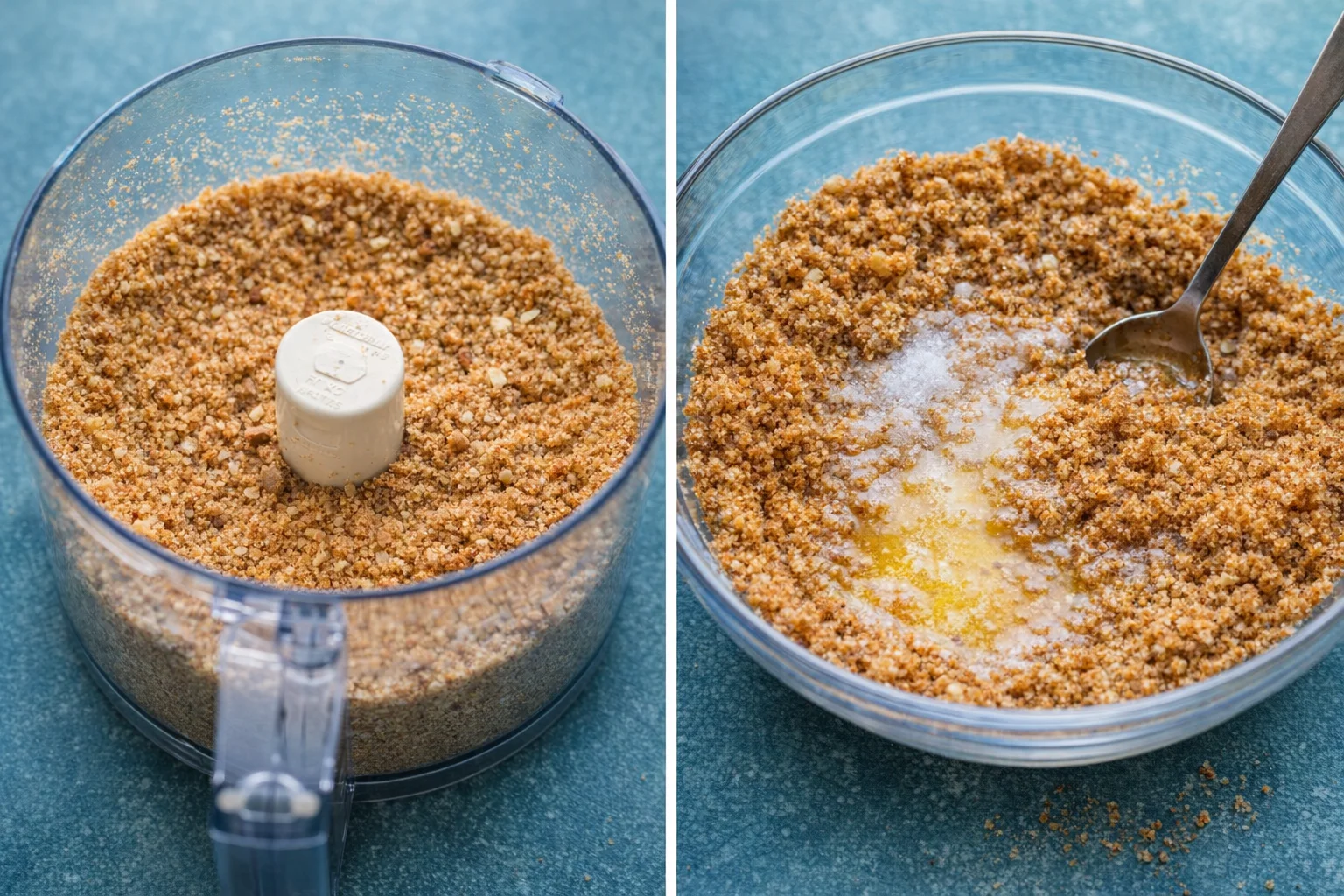 Food processor bowl of coarse graham-almond crumbs next to bowl being stirred with melted butter.