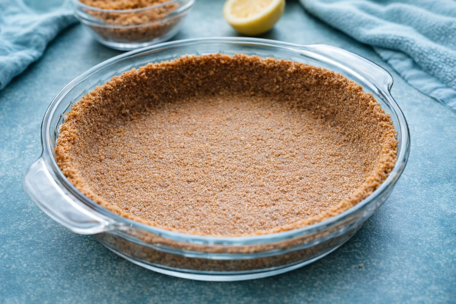 Hands pressing crumb crust into 9-inch pie dish; crust shown chilling in refrigerator.