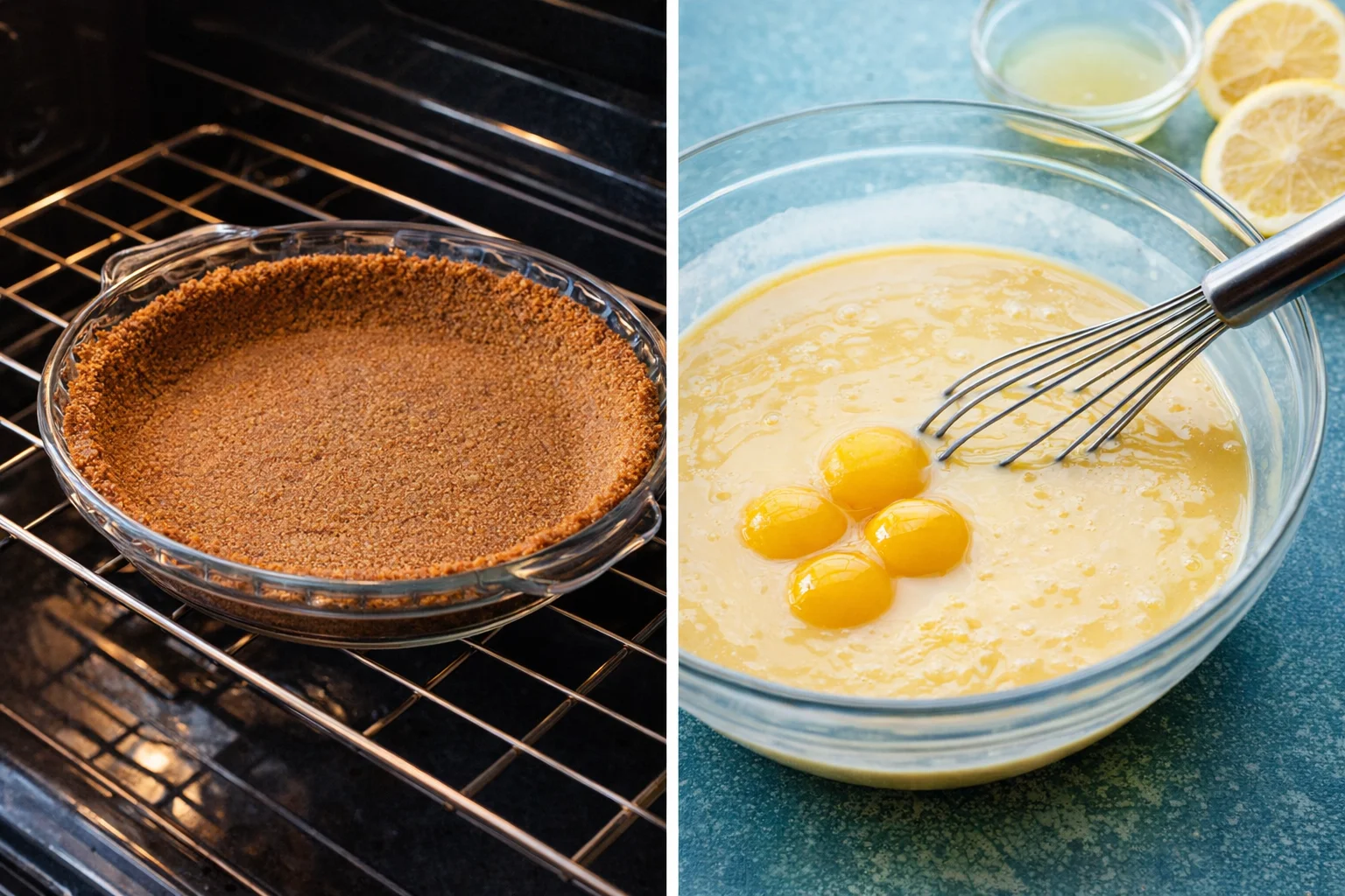 Baked golden crust cooling on rack while bowl of lemon filling is whisked smooth.