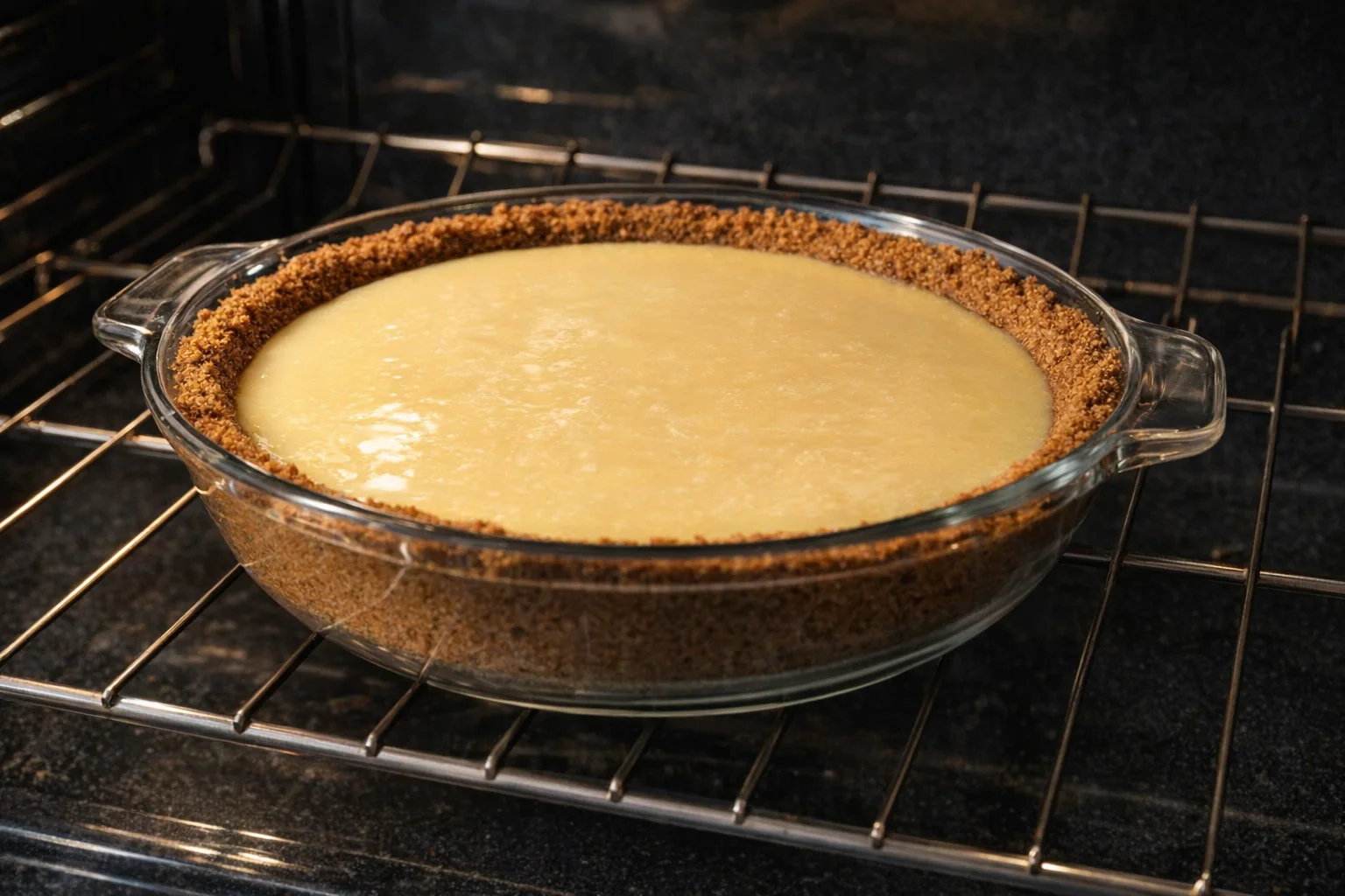 Smooth lemon filling being poured into warm crust, then pie shown baking with slightly jiggly center.