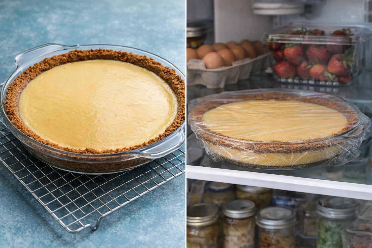 Pie cooling completely on wire rack, later covered and placed in refrigerator to set.