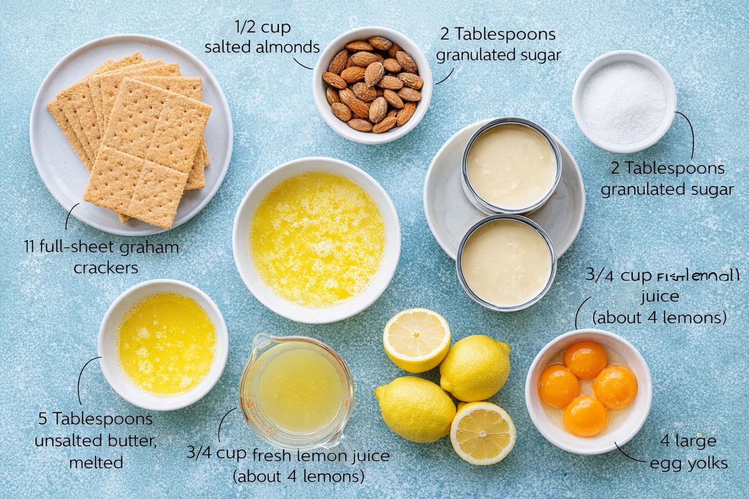 Measured ingredients arranged for Creamy Lemon Pie - Sally's Baking: 11 (about 160g) full-sheet graham crackers, 1/2 cup (62g) salted almonds (roasted preferred), 2 Tablespoons (25g) granulated sugar, 5 Tablespoons (71g)