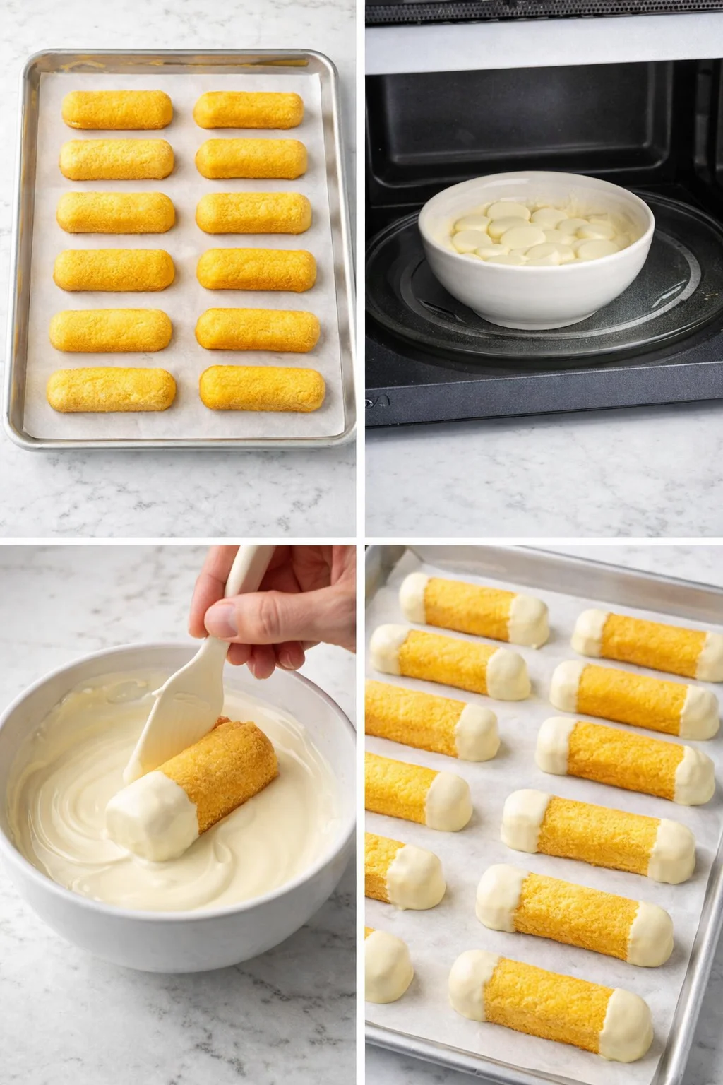 Unwrapped Twinkies lined on parchment beside a bowl of smooth melted white chocolate, one end being dipped.