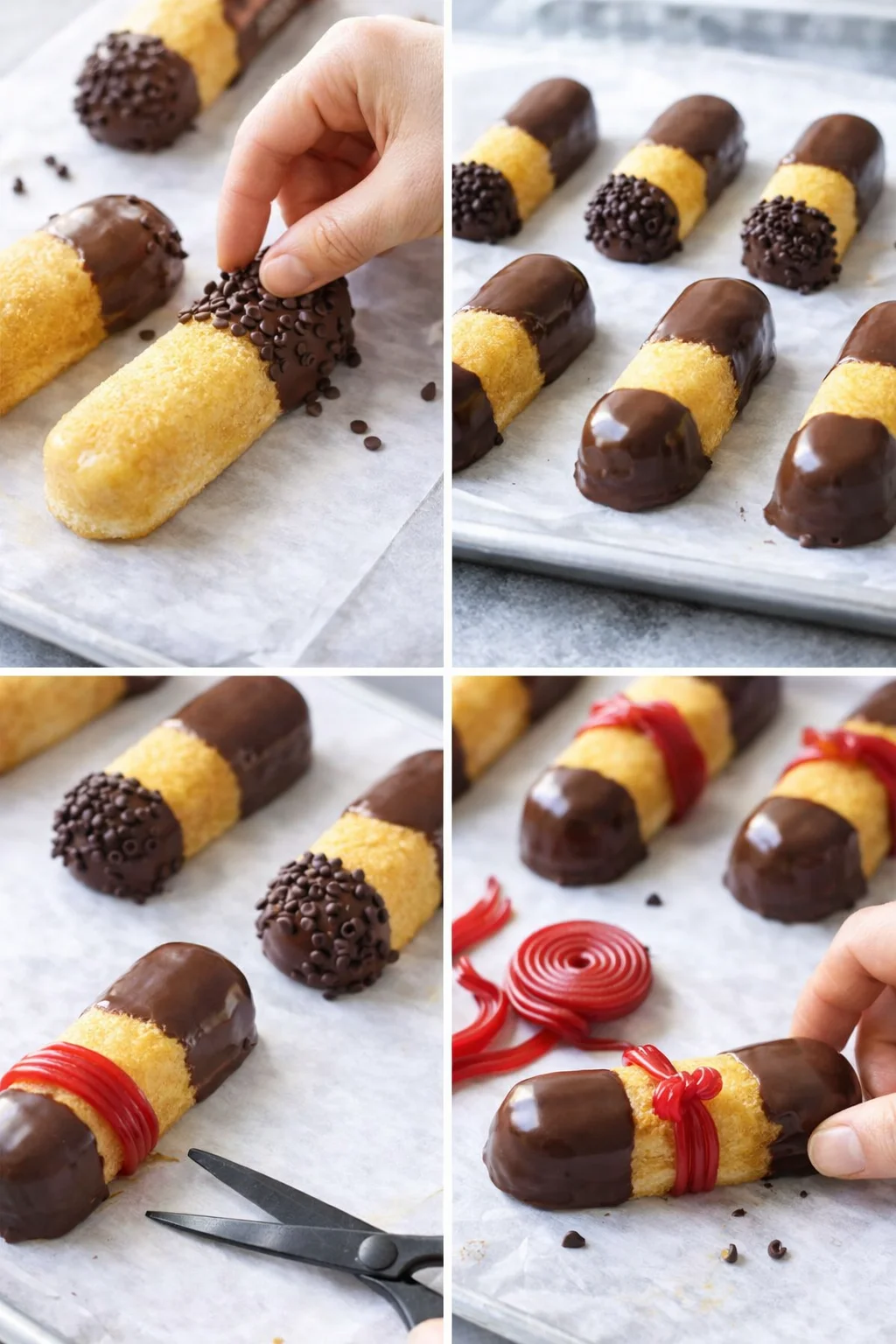 Mini chocolate chips and tiny sprinkles pressed onto dipped ends, chilled on parchment, then wrapped with licorice ribbon.