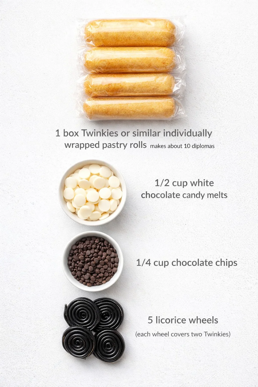 Measured ingredients arranged for Graduation Diploma Dessert: 1 box Twinkies or a similar individually wrapped pastry roll (makes about 10 diplomas), 1/2 cup white chocolate candy melts, 1/4 cup chocolate chips (mini chi