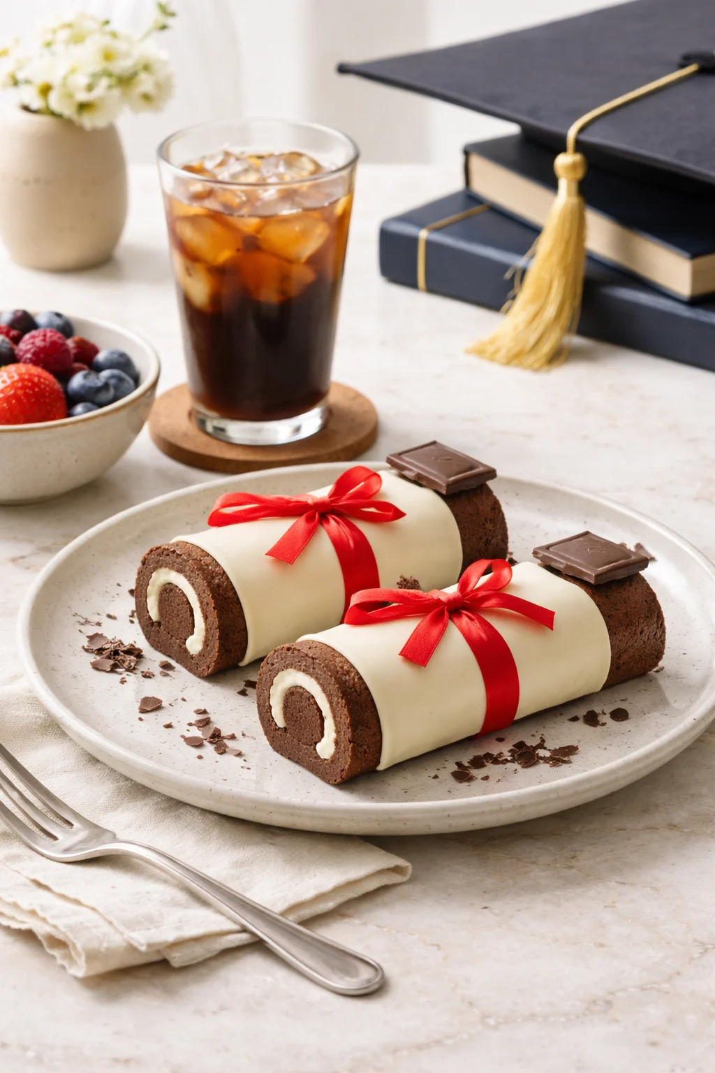 Alternative angle of Graduation Diploma Dessert served with a pairing