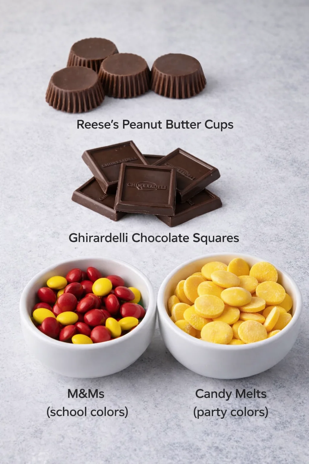 Measured ingredients arranged for DIY Chocolate Candy Graduation Cap Treats: Reese’s Peanut Butter Cups, Ghirardelli Chocolate Squares, M&Ms (pick school colors to match your theme!), Candy Melts (choose colors to coordi