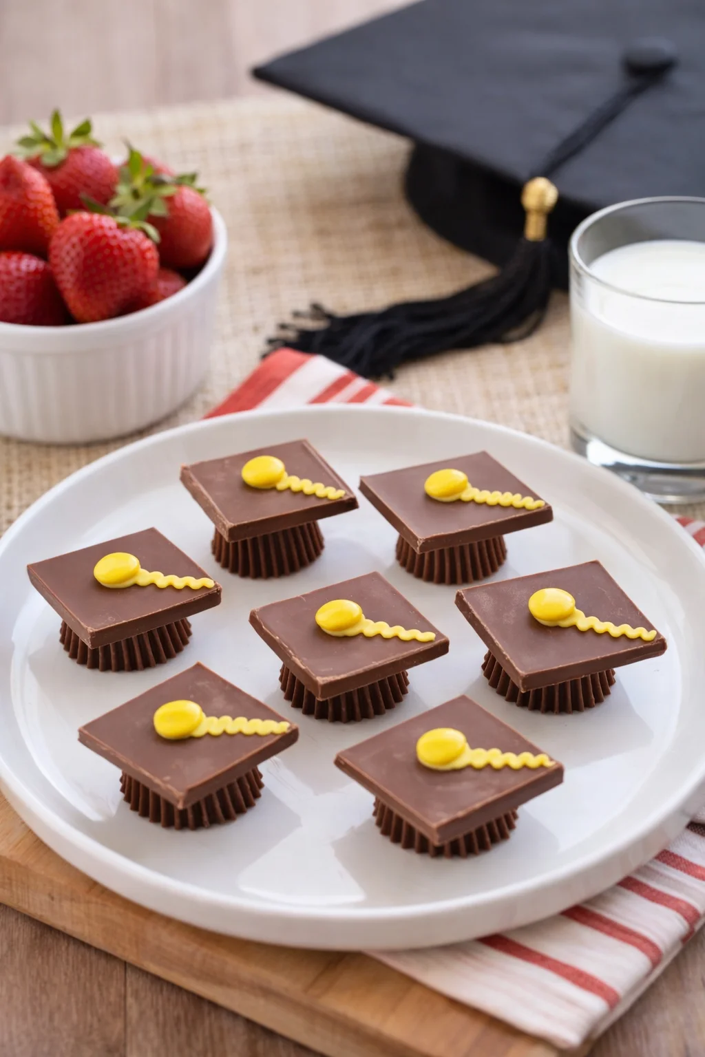 Alternative angle of DIY Chocolate Candy Graduation Cap Treats served with a pairing