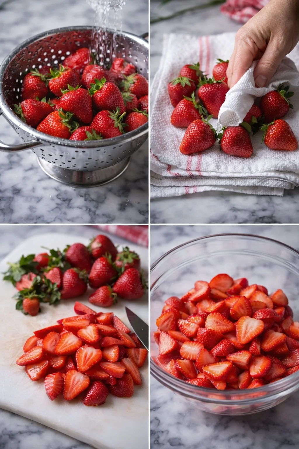 step-process-placeholder-1-4.png Rinsed strawberries hulled, thinly sliced and arranged in a large mixing bowl.