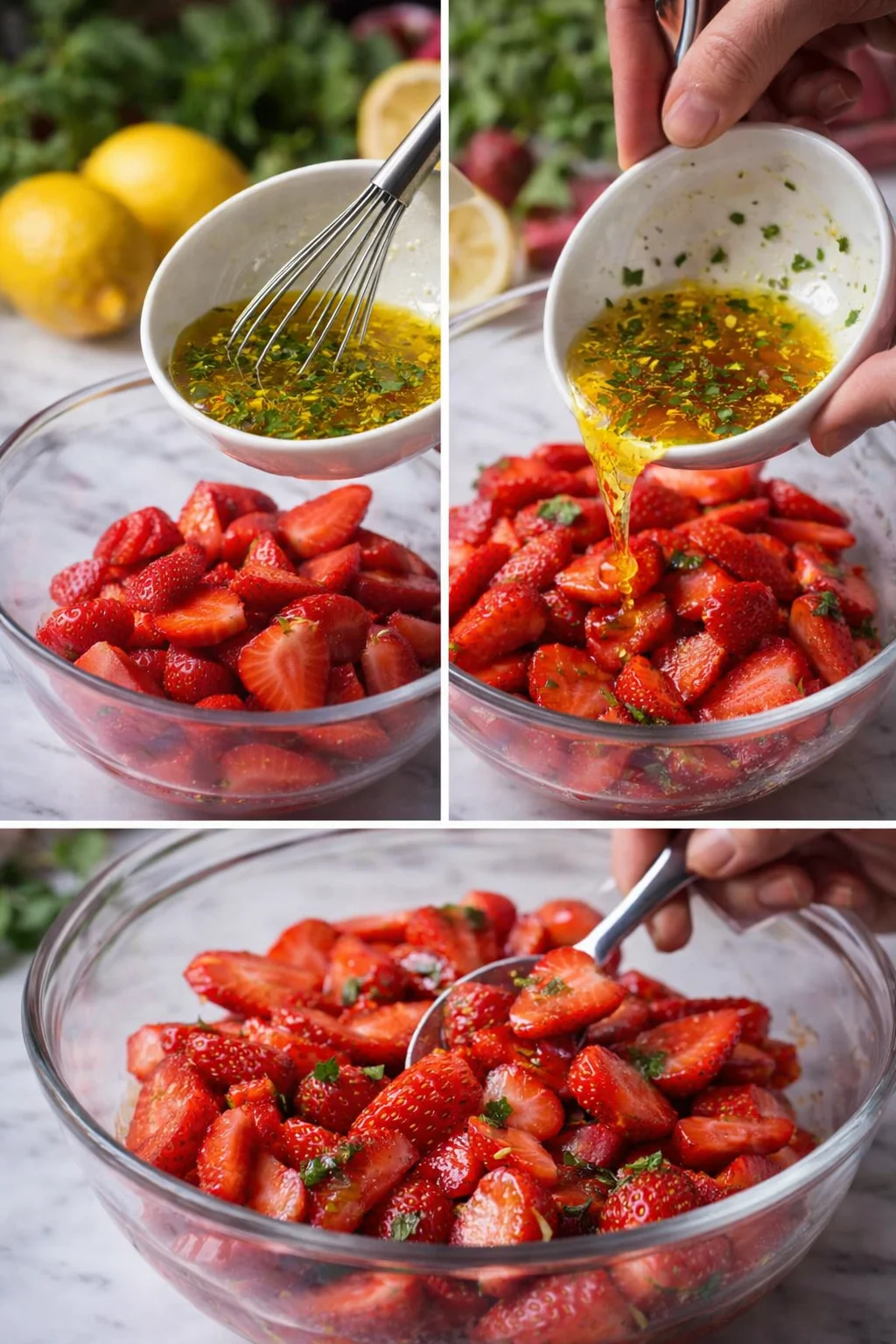 step-process-placeholder-5-8.png Honey-lemon mixture with lemon zest and mint being poured over sliced strawberries and gently tossed.