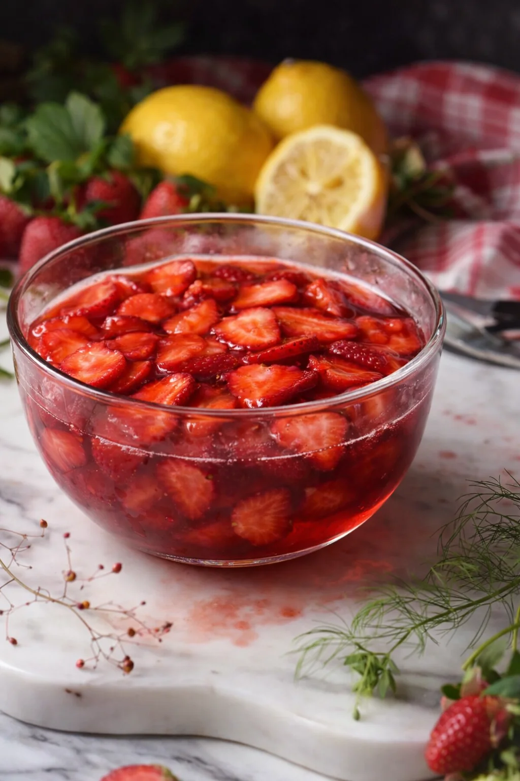 step-process-placeholder-9-9.png Sliced strawberries resting at room temperature, releasing juices and forming a shallow syrup.