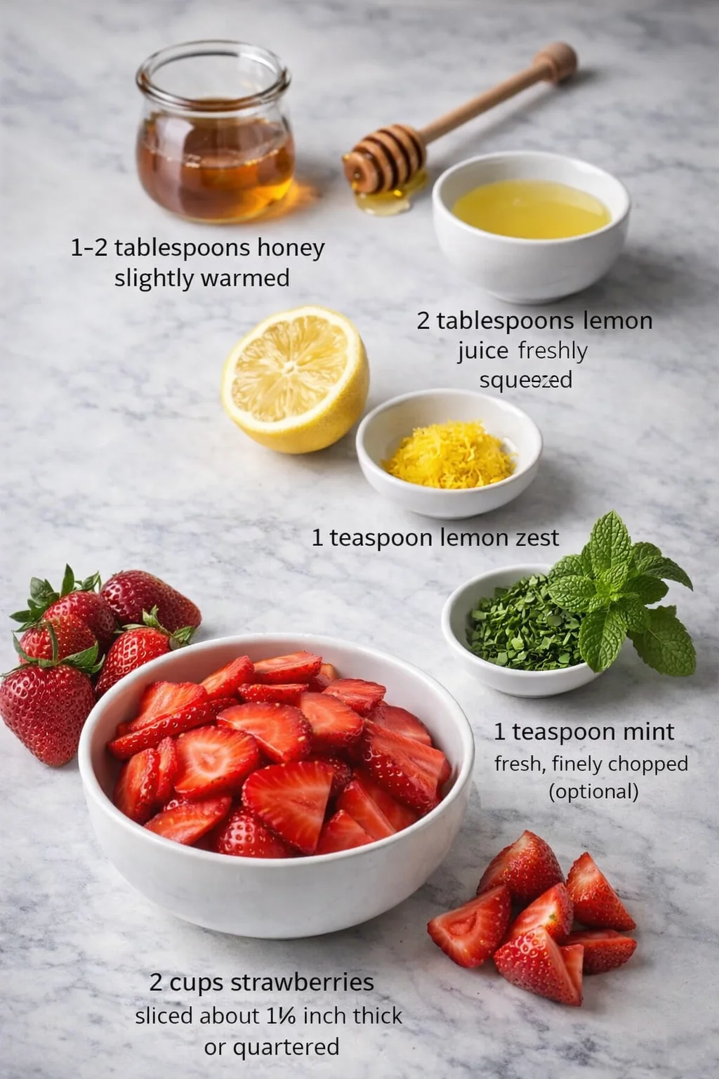 ingredients-placeholder.png Measured ingredients arranged for Macerated Strawberries: A Simple Recipe: 1-2 tablespoons honey slightly warmed, adjust according to your sweetness preference, 2 tablespoons lemon juice freshly squeezed, 1 teaspoon lemo