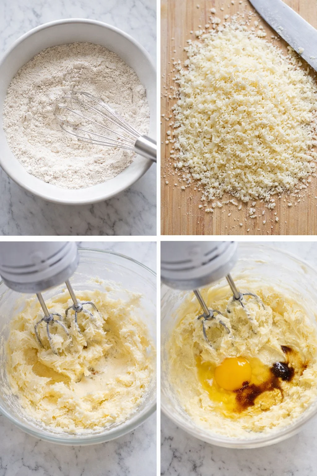 Mixing bowl with mixed dry ingredients; chopped white chocolate, creamed butter-sugar, egg being added