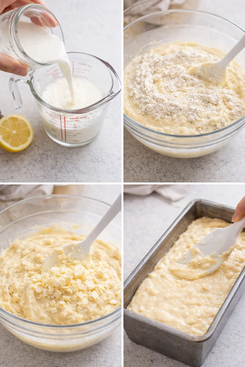 Measuring cup with milk and vinegar, batter being mixed, white chocolate folded, batter smoothed in loaf pan