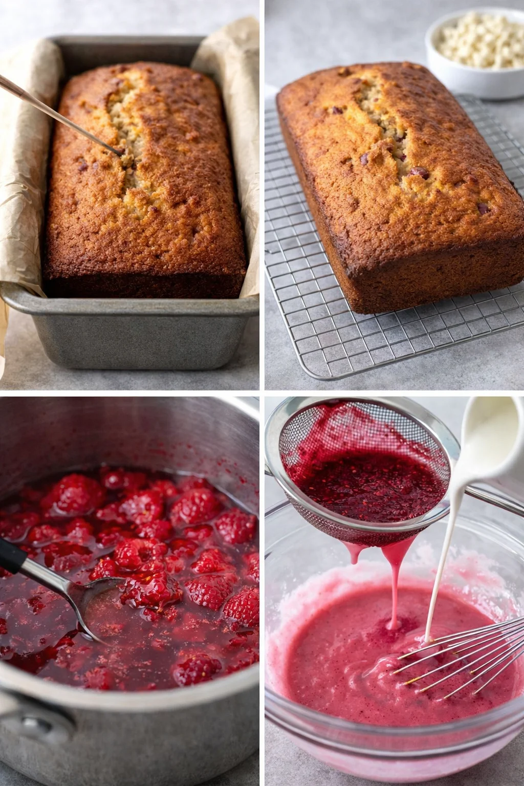 Golden-brown loaf cooling on rack, saucepan of reduced raspberries, seed-strained glaze being whisked