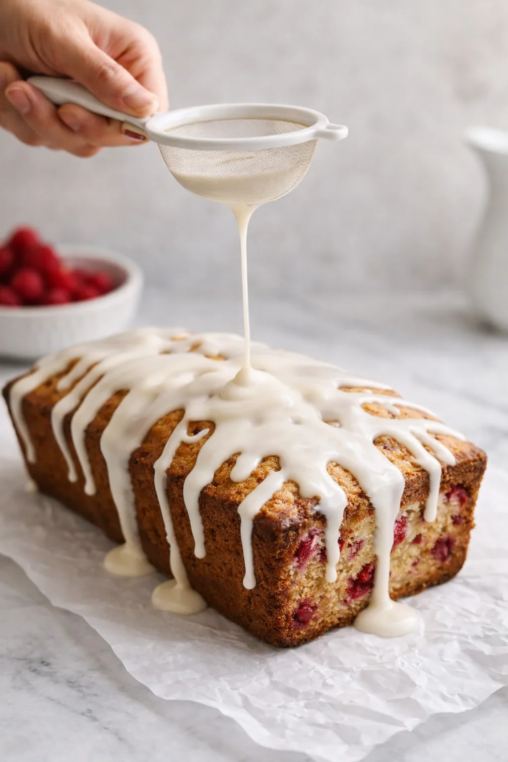 Seed-free raspberry glaze being poured in thin ribbons over cooled white chocolate loaf