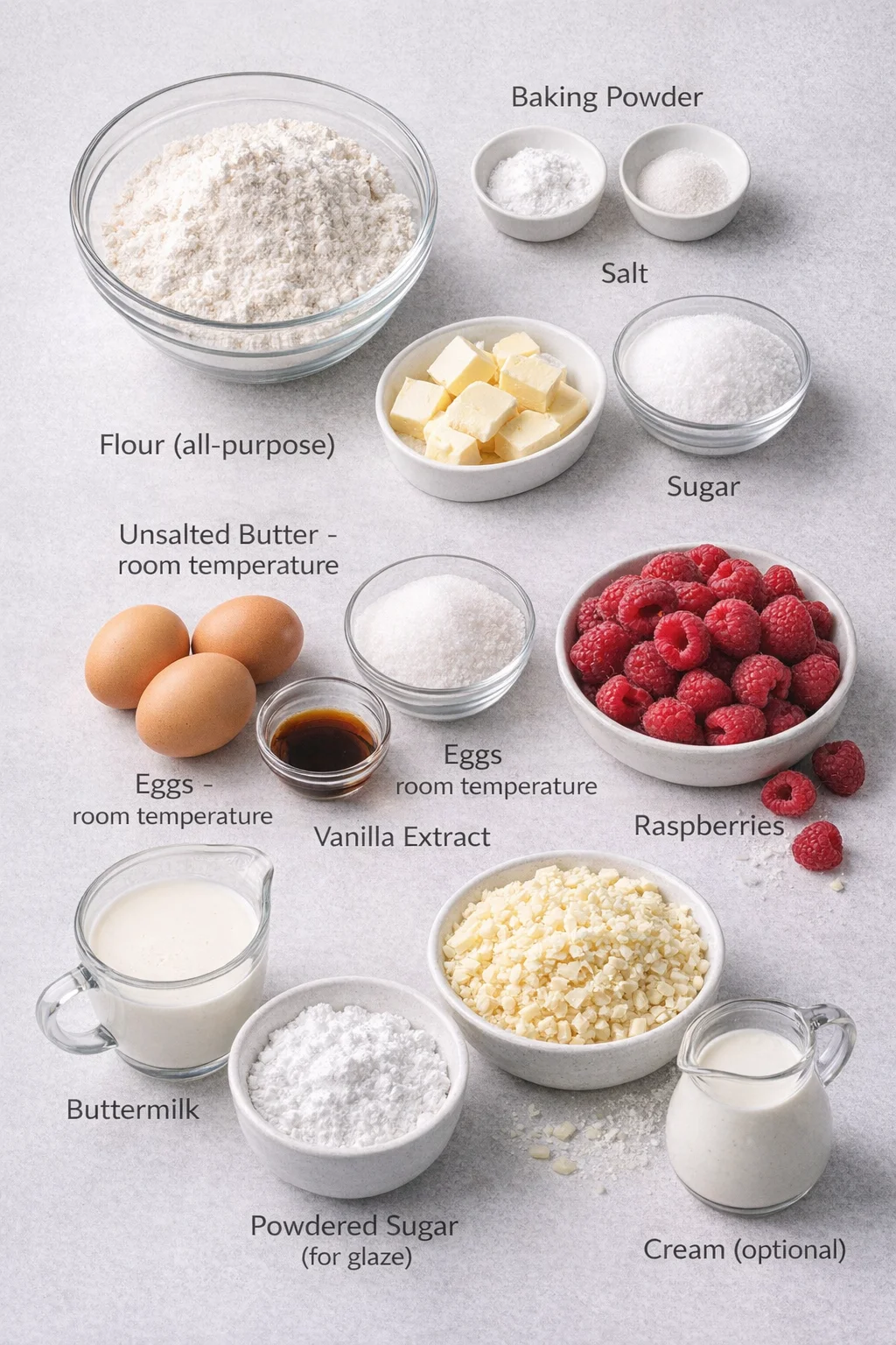 Measured ingredients arranged for Raspberry White Chocolate Loaf Cake - Live to Sweet: Flour (all-purpose), Baking Powder, Salt, Unsalted Butter - room temperature, Sugar, Eggs - room temperature