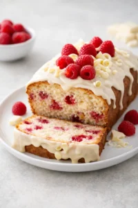 Final plated Raspberry White Chocolate Loaf Cake - Live to Sweet served as a hero shot