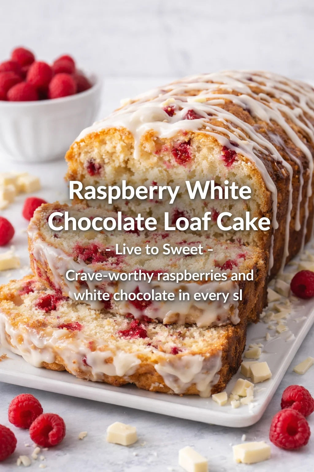 Pinterest-style image for Raspberry White Chocolate Loaf Cake - Live to Sweet with centered text overlay