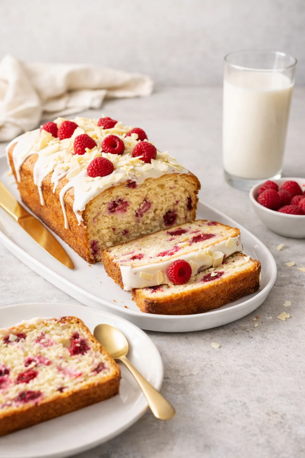 Alternative angle of Raspberry White Chocolate Loaf Cake - Live to Sweet served with a pairing