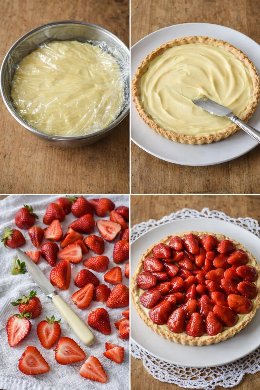 step-process-placeholder-17-20.png Chilled pastry cream smoothed into tart shell, halved strawberries arranged cut-side down in concentric circles.
