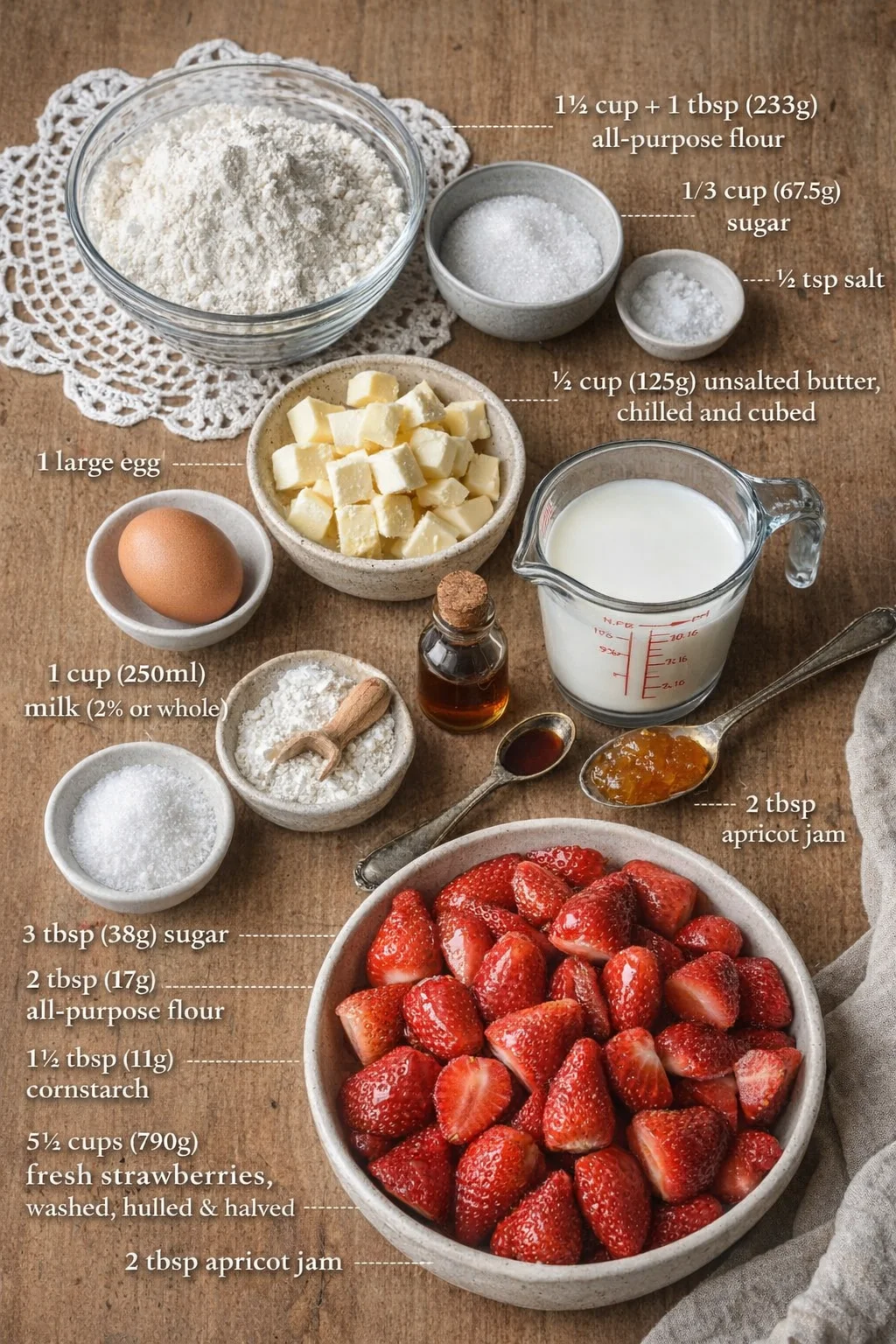 ingredients-placeholder.png Measured ingredients arranged for French Strawberry Tart (Tarte aux Fraises): 1 ¾ cup + 1 tbsp (233g) all-purpose flour, 1/3 cup (67.5g) sugar, ½ tsp salt, ½ cup (125g) unsalted butter, chilled and cubed, 1 large egg, 1