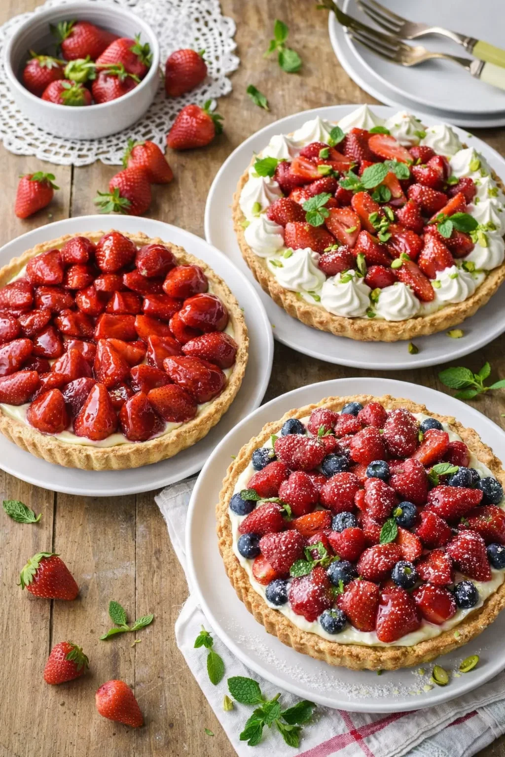 variations-placeholder.png Variation ideas for French Strawberry Tart (Tarte aux Fraises) shown in a styled layout