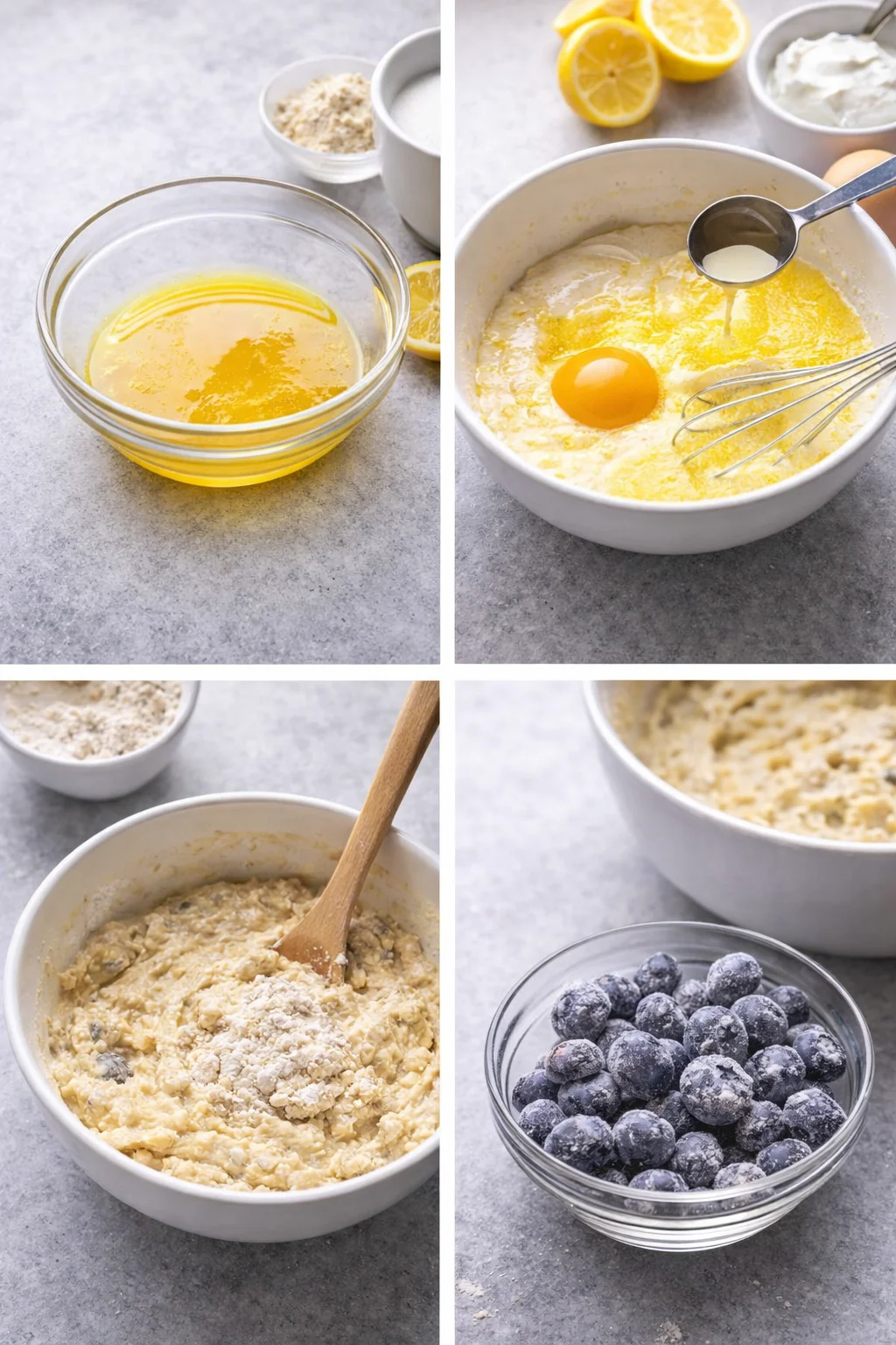 step-process-placeholder-5-8.png Mixing bowl with lemony yogurt batter being whisked; frozen blueberries dusted with flour nearby.