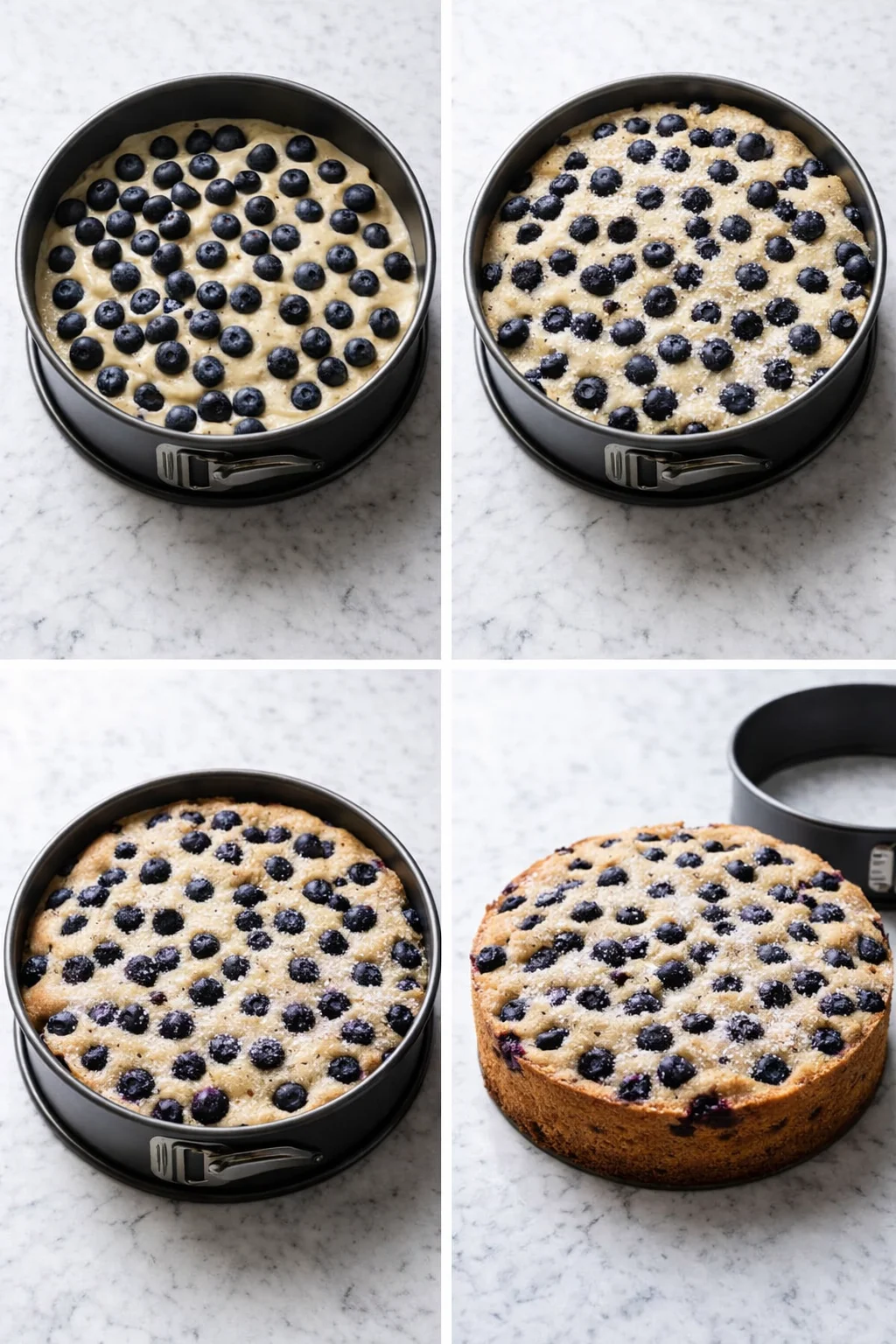 step-process-placeholder-9-12.png Springform pan filled with batter and scattered blueberries, sugar sprinkled, golden top cooling after baking.