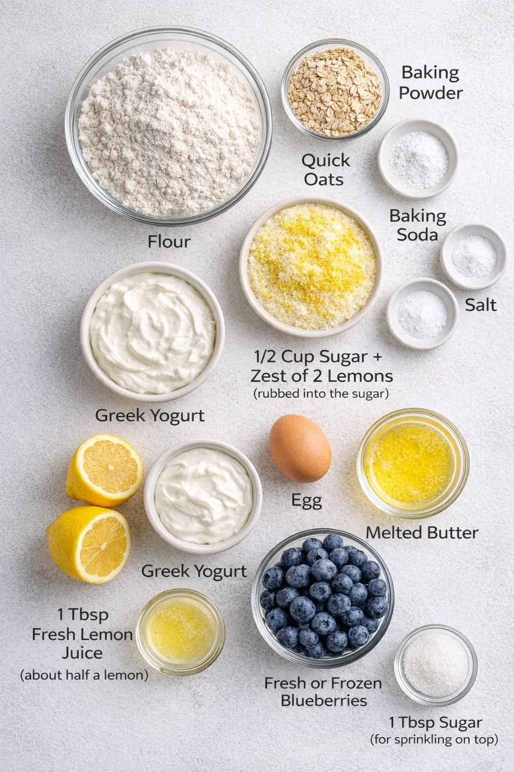 ingredients-placeholder.png Measured ingredients arranged for Blueberry-Lemon Breakfast Cake: flour, quick oats, baking powder, baking soda, salt, 1/2 cup sugar