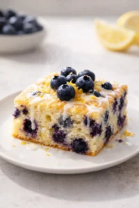 Final plated Blueberry-Lemon Breakfast Cake served as a hero shot