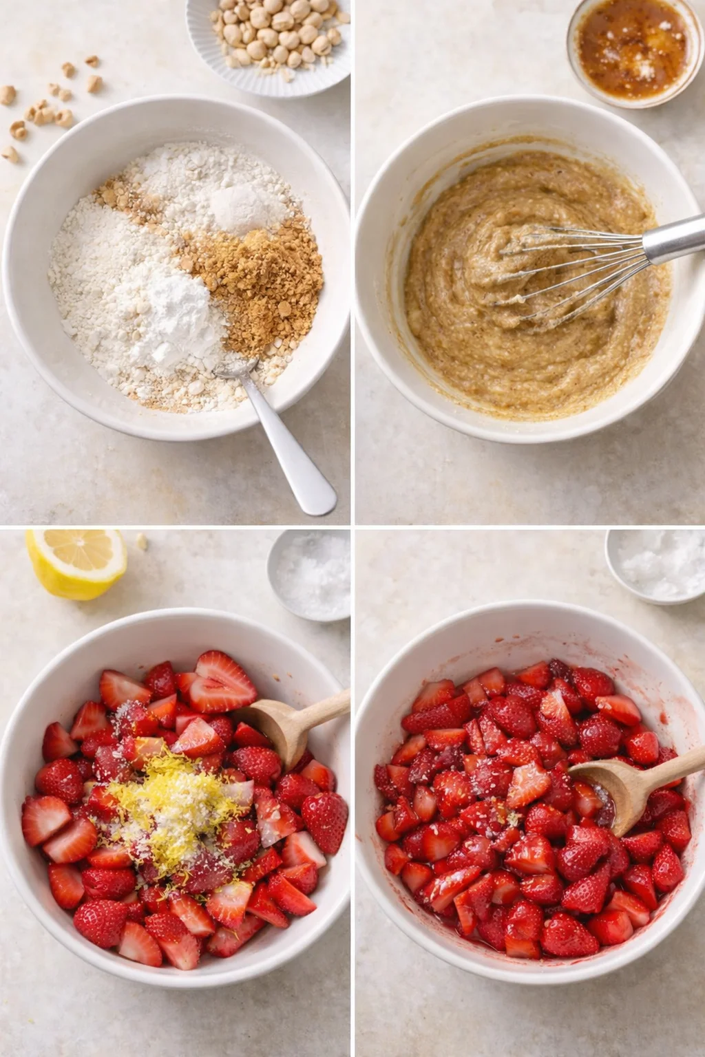 step-process-placeholder-5-8.png Bowl with thick hazelnut financier batter next to a bowl of sugared hulled strawberry halves